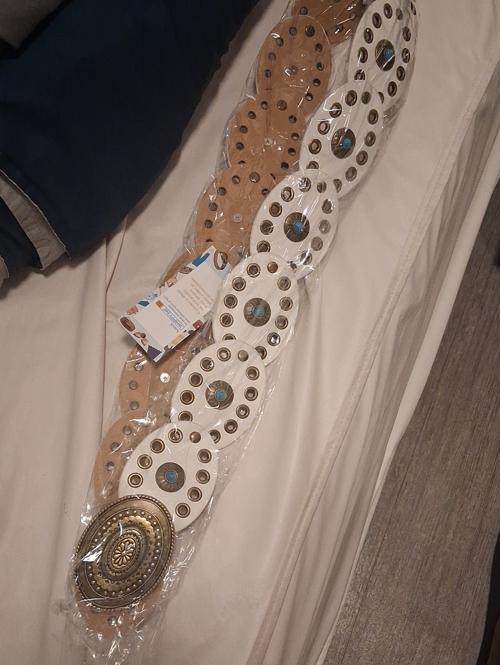 Decorative White and Tan Western Concho Belt with Ornate Buckle